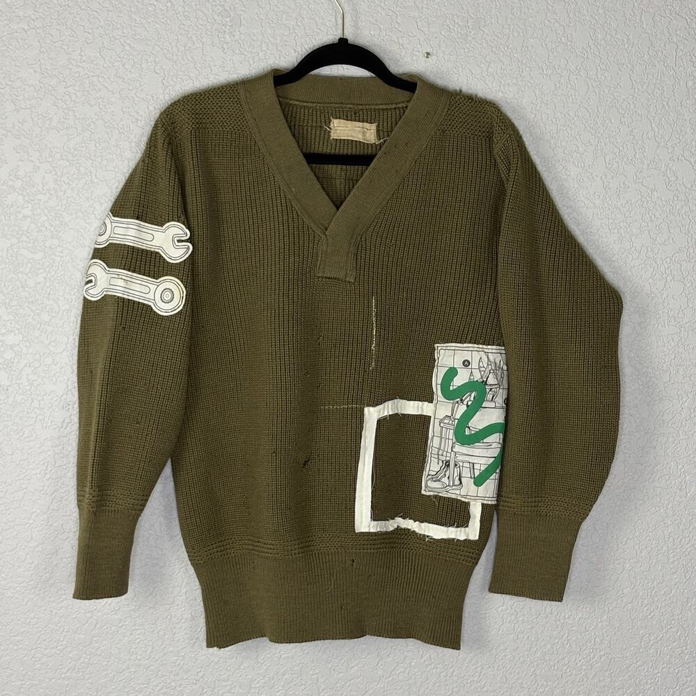 Vintage 40s Military Sweater Wool Avant Garde Art Piece Olive Drab Size M